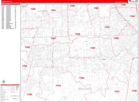 Pearland, TX Wall Map Red Line Style