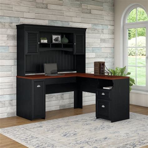 Fairview L Shaped Desk with Hutch in Antique Black - Engineered Wood ...