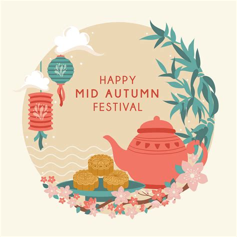 Mid Autumn Festival with Cute Teapot, Moon Cake, Lantern, Rabbit ...