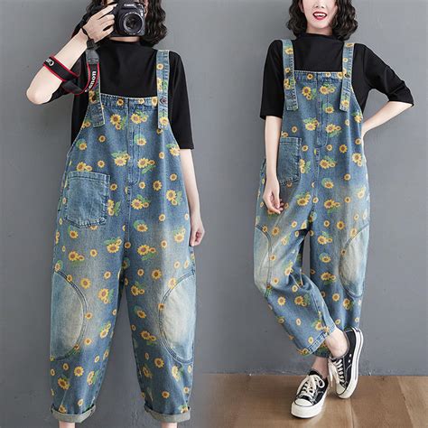 Women Denim Overalls Sunflower Print Jumpsuits Loose Wide - Etsy Singapore