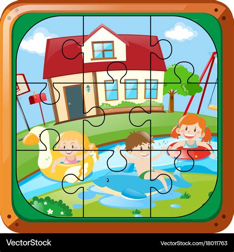 Jigsaw puzzle game with kids swimming at home Vector Image