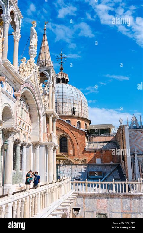 Tourists on the roof of Saint Mark's Basilica, enjoying view of its ...