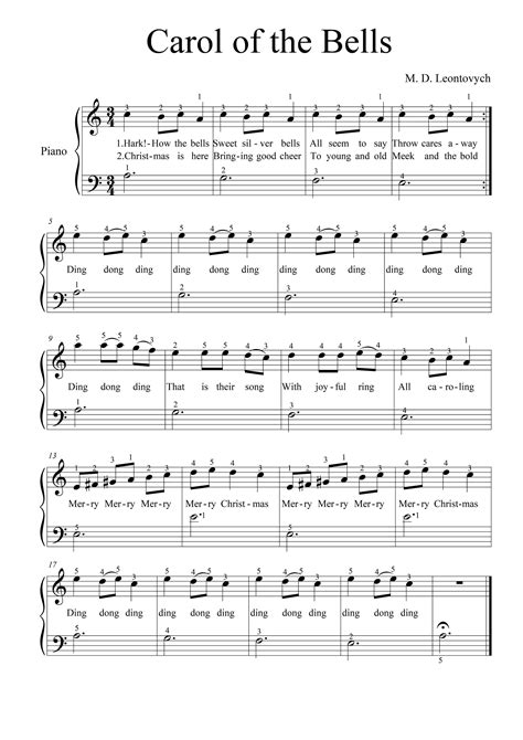 Carol of the Bells Very Easy Piano Sheets Digital Download With Lyrics ...