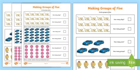 Making Groups of Five Differentiated Worksheets - Twinkl