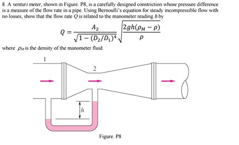 Solved A venturi meter, shown in Figure. P8, is a carefully | Chegg.com