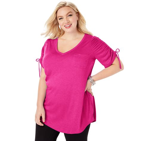 Roaman's - Roaman's Women's Plus Size Ruched-Sleeve Boyfriend Tunic ...