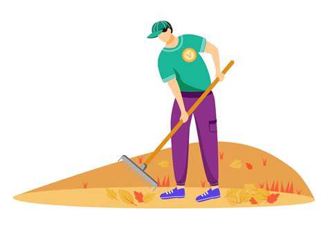 Volunteer cleaning leaves flat vector illustration. Community service ...