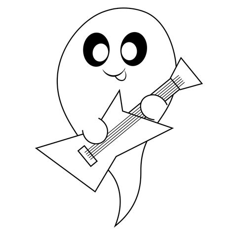 Cute Ghost with electric guitar. Draw illustration in black and white ...