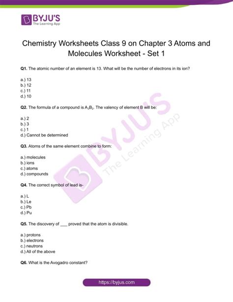 Class 9 Chemistry Worksheet on Chapter 3 Atoms and Molecules Set- 1