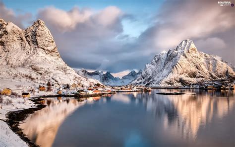 clouds, Lofoten, Mountains, Reine Village, Norway, Houses, winter ...