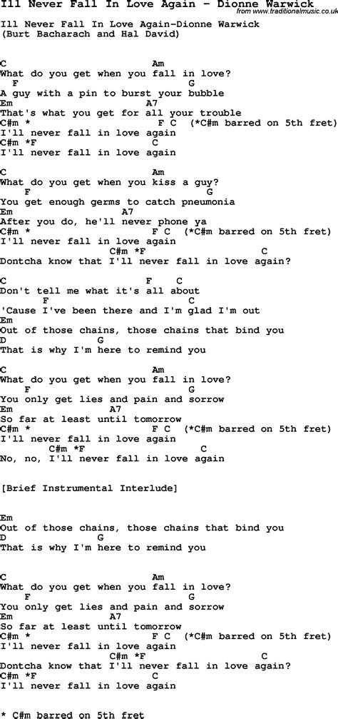 Song Ill Never Fall In Love Again by Dionne Warwick, song lyric for ...