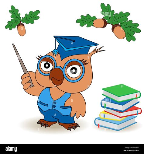 Professor Owl in glasses and in mortarboard with pointer near the book ...