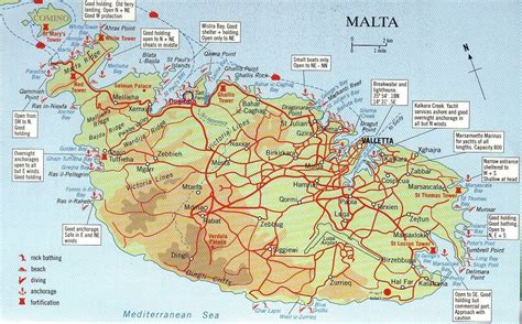 Map over Malta and Comino, big map with interesting places marked ...