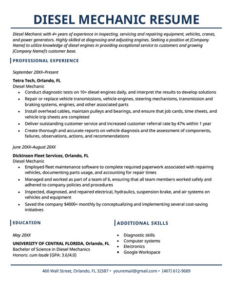 Diesel Mechanic Resume Sample & Tips - Free Download