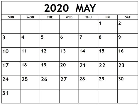 May 2020 Calendar Printable - Editable Templates