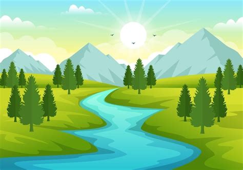 Premium Vector | River landscape illustration with view mountains and ...