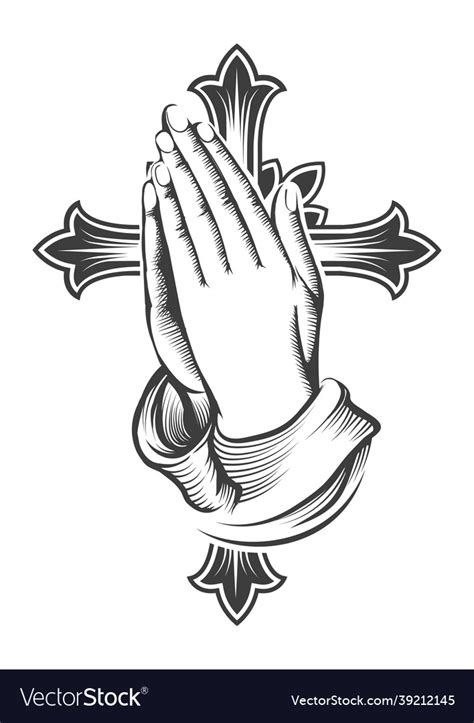 Praying hands and cross engraving tattoo Vector Image