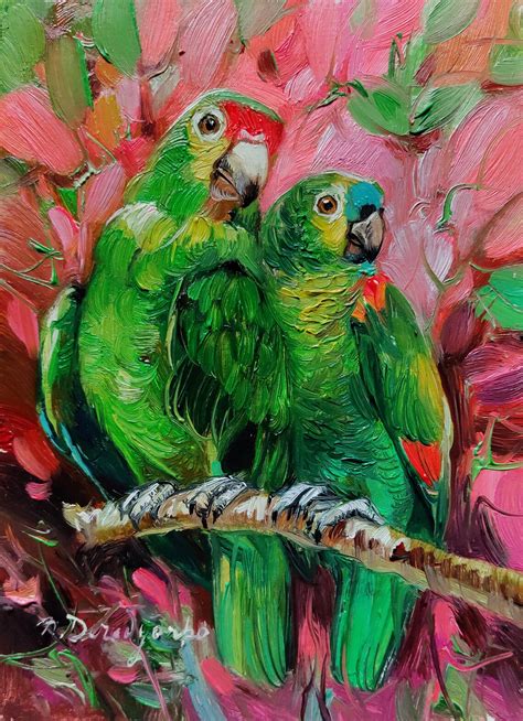 Loro pintura ilustración óleo original 7x5 Pájaro verde en la | Etsy España