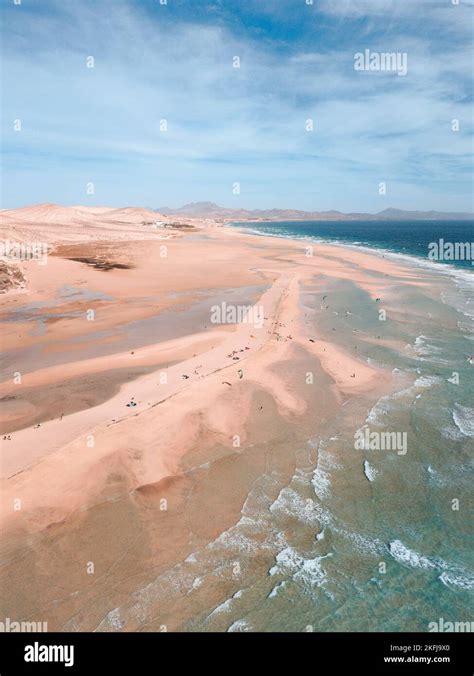 aerial drone shot from Canary islands. Sotavento beach in Fuerteventura ...