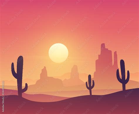 Desert landscape with cactus silhouette on the sunset. Vector ...