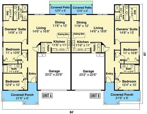 Duplex Ranch Home Plan with Matching 3-Bed Units - 72965DA ...