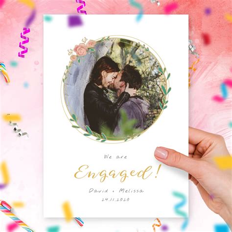 Floral Wreath Photo Engagement Announcement Card Template Online Maker