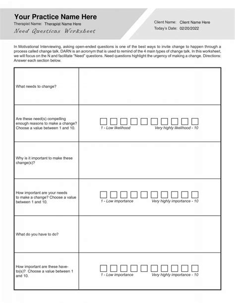 Motivational Interviewing Need Questions Worksheet (Editable, Fillable ...