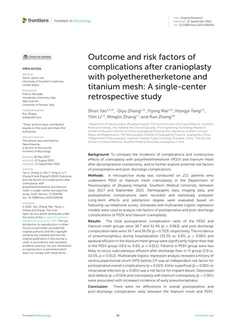 (PDF) Outcome and risk factors of complications after cranioplasty with ...