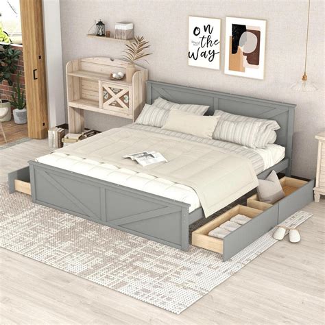 Harper & Bright Designs Gray Wood Frame King Size Platform Bed with 4 ...