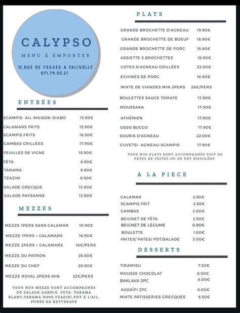 Menu au Calypso, Sambreville