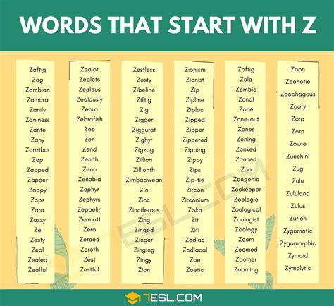 Z Words For Kids List