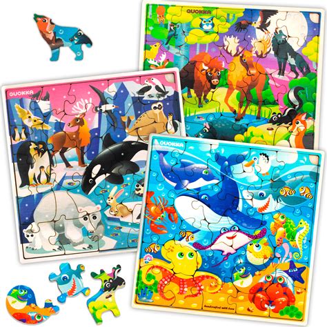 Wooden Jigsaw Puzzles for Kids Ages 4-8, 3 Pack Puzzles, Educational ...