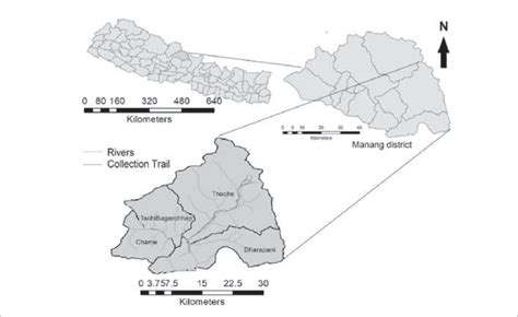 Map of Nepal showing Manang district & collection trail in Gyasumbdo ...