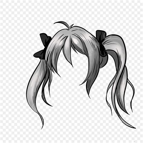 Ponytail Hair PNG Image, Anime Hair Bow Double Ponytail Gray Cute ...