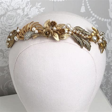 Gold Pearl Vintage Tiara - unique design wedding headpiece