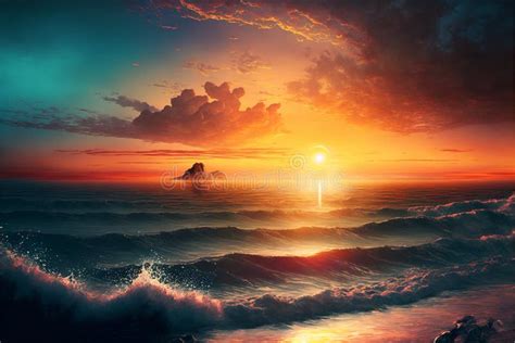 Beautiful Sunrise Over the Sea, Digital Illustration Painting Artwork ...