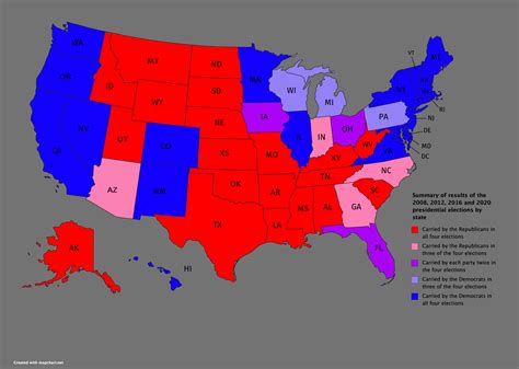 Red states and blue states based on results of the last four ...