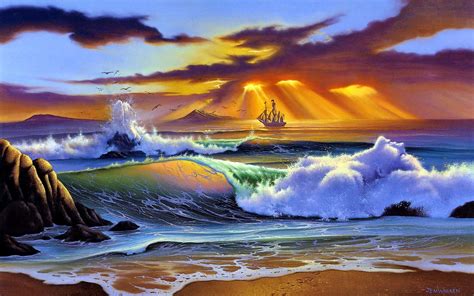 Artistic Sunset Over Ocean Waves - HD Wallpaper by Jim Warren