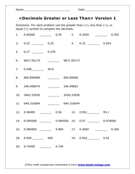 Less Than Greater Than Decimals