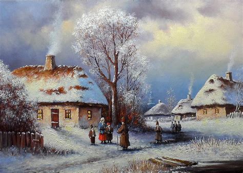 Painting, landscape of old winter village Painting by Yaroslav ...