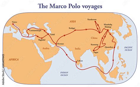 Map of the Marco Polo voyages through Asia along the Silk Road Stock ...