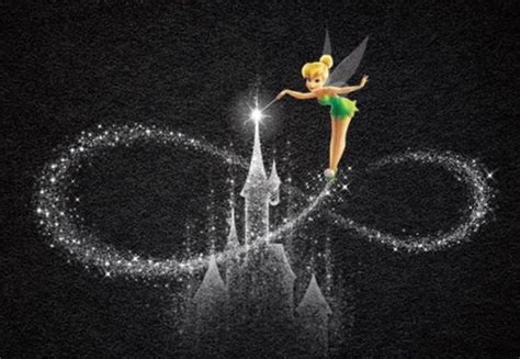 the tinkerbell fairy is flying in front of a castle with sparkles on it