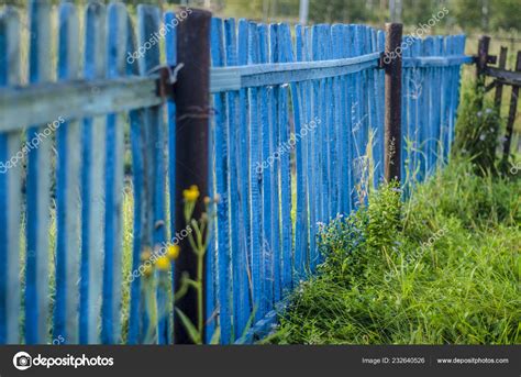 Blue Wooden Fence Wooden Old Fence Painted Blue Paint Perspective Stock ...