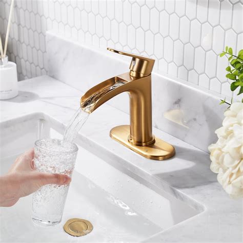 FORIOUS Gold Single Hole 1-Handle Waterfall Bathroom Sink Faucet with ...