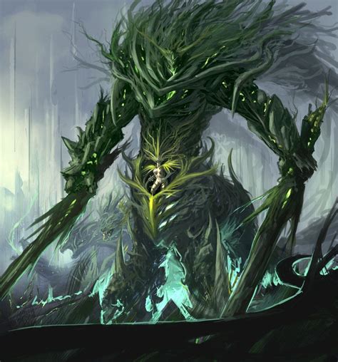 an image of a creature that is in the middle of a forest with green leaves