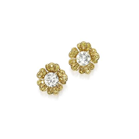 (#147) Pair of 18 Karat Gold, Diamond and Colored Diamond Earrings