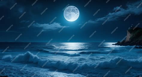 Night ocean landscape full moon and stars shine | Premium AI-generated ...