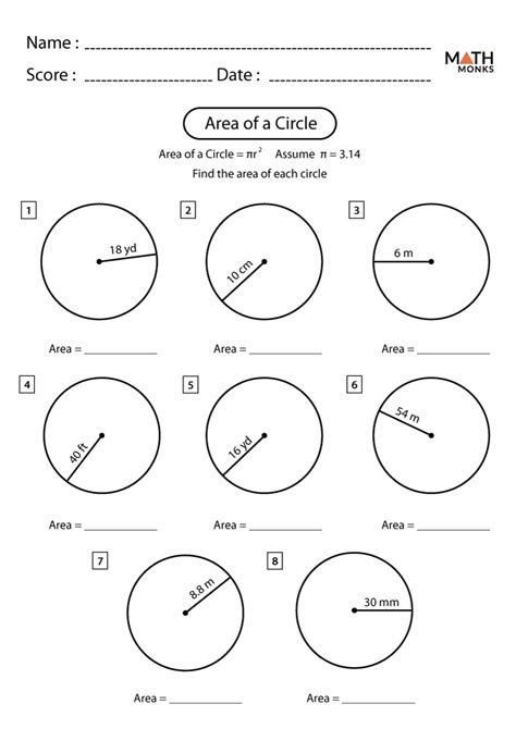 Area of a Circle Worksheets - Math Monks