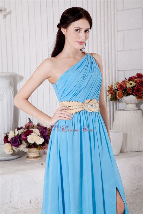 One Shoulder Neck Aqua Blue Prom Dress With Front Split