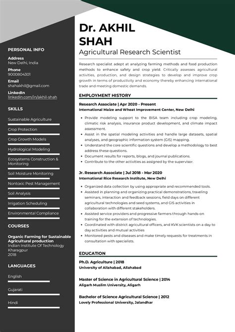 Sample Resume of Agricultural Research Scientist with Template ...